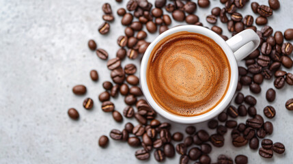 A cup of coffee with beans and latte art in a cafe atmosphere