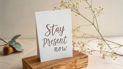 White card with Stay Present Now quote on a wooden block