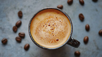 A cup of coffee with beans and latte art in a cafe atmosphere