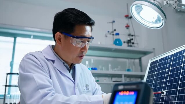 Male Asian Scientist Analyzing Solar Panel Performance in Laboratory Setting