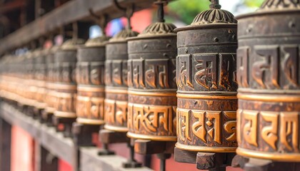 A close-up view of numerous prayer wheels, adorned with intricate religious scripts, arranged in a horizontal row.  The dark bronze and golden accents create a serene and spiritual ambiance.
