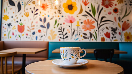 A cup of coffee with beans and latte art in a cafe atmosphere