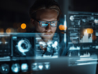 Man working on digital screens in a modern office setting at night, focusing on data analysis and programming tasks