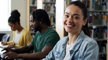 Students studying in a library. A medium close-up portrait of focus and collaboration. Education, academic success, group project.