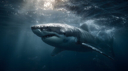 Fototapeta premium Close-up of a great white shark swimming in the open ocean, showing powerful movement and underwater light reflections. 