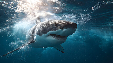 Fototapeta premium Close-up of a great white shark swimming in the open ocean, showing powerful movement and underwater light reflections. 
