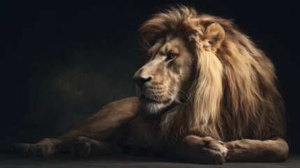 Fototapeta premium Portrait of a majestic lion lying down against a dark background, symbol of power and strength in dramatic studio lighting. 