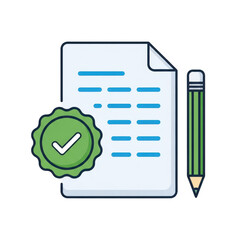 Document with checkmark and pencil isolated on transparent background