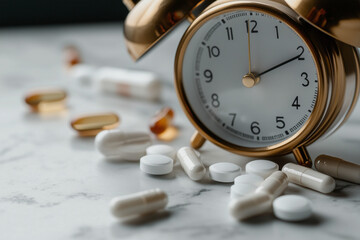 Top view of medical pills and a vintage alarm clock. Concept of scheduled medication and time to take medicine.