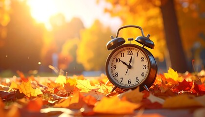 A vintage alarm clock sits amongst vibrant autumn leaves bathed in warm sunlight, casting a peaceful and golden hue over the scene.