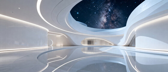 Modern and futuristic interior space with curved white walls and a starry ceiling