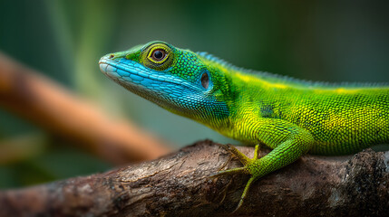 Fototapeta premium Close-up of a vibrant green and blue lizard resting on a tree branch in natural habitat, showing detailed scales and vivid colors with a soft blurred background. 