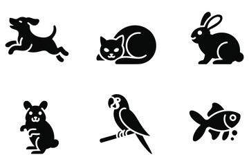 Collection of domestic pet silhouettes dog cat rabbit hamster parrot goldfish icons set