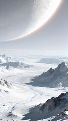 Vast Snowy Landscape with Distant Planet in the Sky