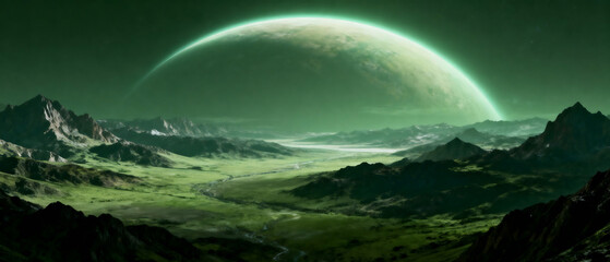 A surreal green alien planet landscape with a large curved horizon