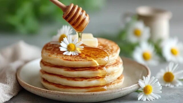 Golden honey drizzling over fluffy pancakes with daisies and butter on rustic table