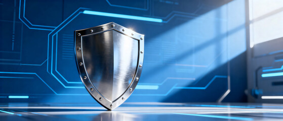 Shield representing cybersecurity in a digital technological environment