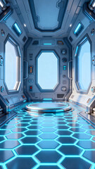 Futuristic sci - fi spaceship interior with hexagonal flooring and large windows