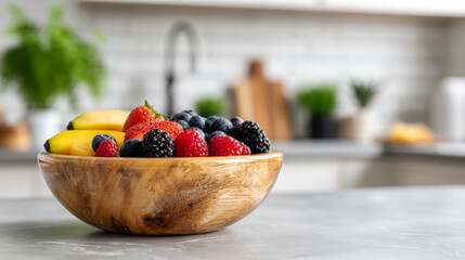 Wooden bowl of vibrant fresh fruits and berries—bananas, strawberries, blueberries, raspberries, blackberries—on a kitchen counter, symbolizing healthy, colorful eating
