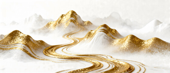 Golden Mountain Range with Winding Path in Abstract Style