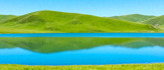 Beautiful natural landscape with clear blue lake and green hills