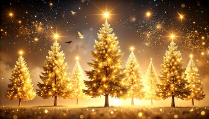 Golden Lit Christmas Trees with Sparkling Lights at Night