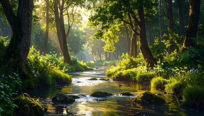 Obraz premium Sunlight streams through a tranquil forest, illuminating a babbling brook lined with lush greenery and wildflowers.