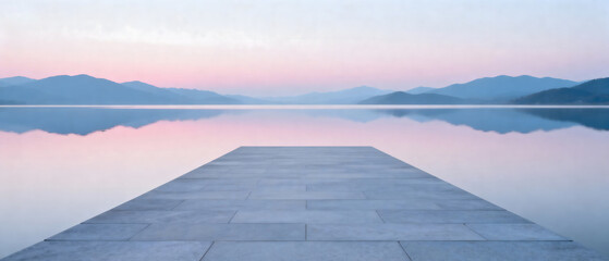 Serene pier extending into calm lake at twilight with mountain reflections