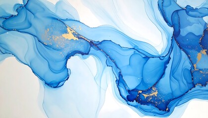 A mesmerizing abstract design featuring flowing, translucent shades of deep blue, accented by flecks of shimmering gold, creates a captivating visual effect.