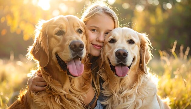 A young girl and her golden retriever companion embrace in a warm, outdoor setting, bathed in golden sunlight.