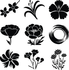 Hand Drawn Flower Brush Silhouette Collection Floral Brush Icon Silhouette Design Set