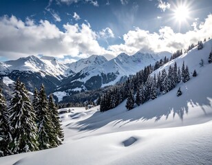 A picturesque winter landscape showcases snowy mountains, dense forests, and a bright sunny day.
