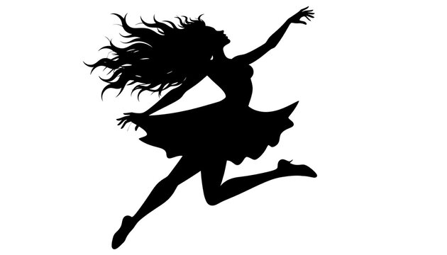 A graceful figure leaps in mid-air, her flowing hair and attire elegantly captured in a striking silhouette.