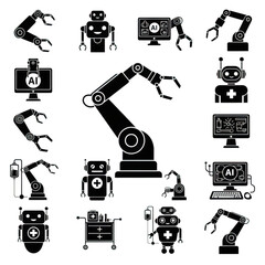 Collection of robotic arms and artificial intelligence icons isolated on transparent background