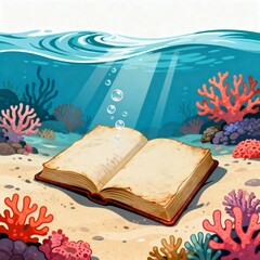 Open book resting on the ocean floor surrounded by colorful coral reefs and sunlight rays underwater