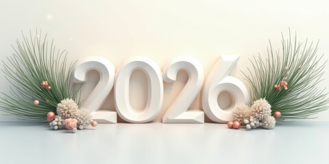 2026 in white 3D numbers with festive pine branches, ornaments, and soft lighting for New Year celebration