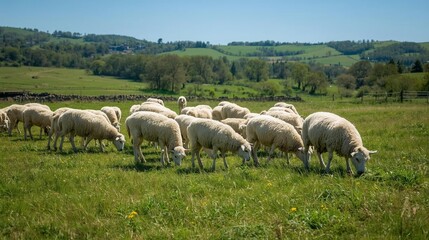 Sheep Grazing in Pasture under Sunny Sky