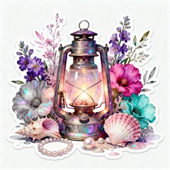 Vintage lantern glowing with soft light surrounded by seashells, pearls, and vibrant flowers in a decorative arrangement