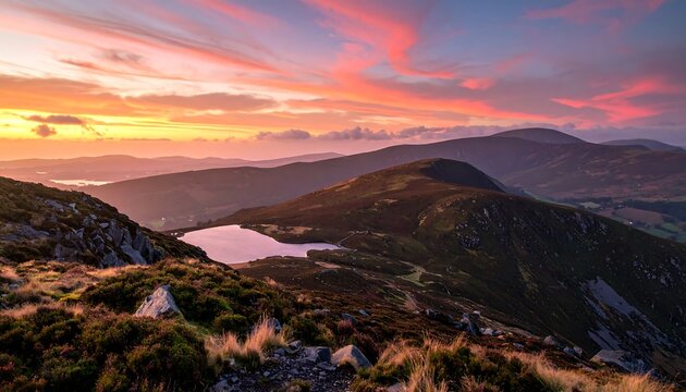 A breathtaking mountain vista at sunrise, showcasing a serene lake nestled within a dramatic range of rolling hills.  The vibrant hues of the sky add a captivating touch to the rugged landscape.
