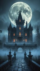 Spooky Gothic Castle with Full Moon and Foggy Atmosphere in a Dark Forest Setting