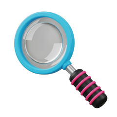 Blue magnifying glass with pink and black handle isolated on transparent background