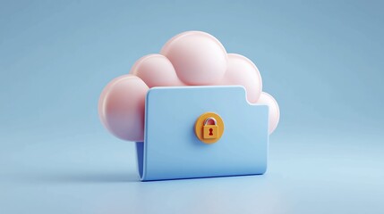 Secure cloud storage concept with a locked folder symbol and soft pink cloud elements against a serene blue background, perfect for data protection and digital security themes