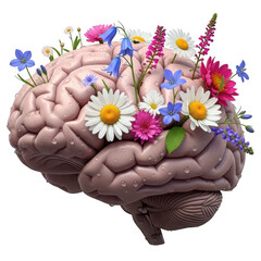 Brain with flowers growing from it, isolated on transparent background
