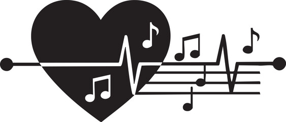 Black heartbeat ekg line with musical notes silhouette isolated on white background