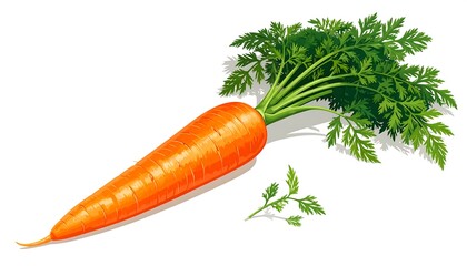 Vivid illustration of a fresh carrot with vibrant orange flesh and green, leafy foliage, casting a soft shadow on a white surface