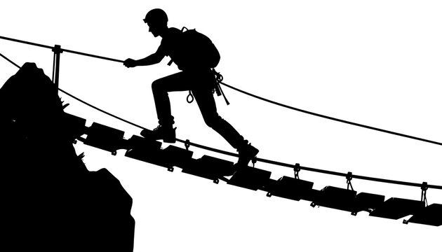 Fototapeta A silhouette of a person ascending a mountain via a suspended rope bridge, highlighting the challenge and determination of the climber.