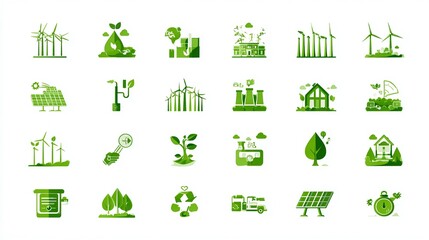Vibrant collection of green eco friendly icons showcasing renewable energy, sustainability, and environmental conservation for modern design projects and ecological awareness campaigns