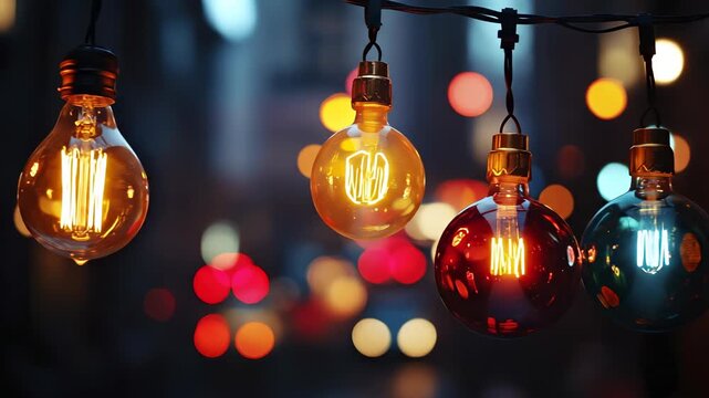 Colorful light bulbs hanging above a city street at night.
