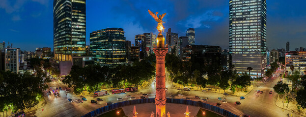 Night aerial panorama of Mexico City with Angel of Independence monument, landmark in reforma avenue