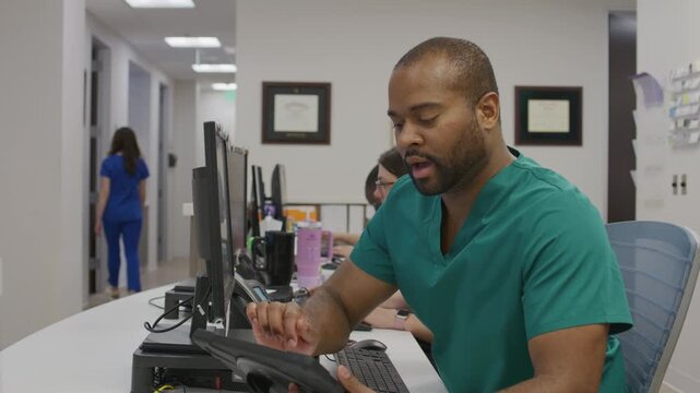 A nurse speaks with a patient off camera in a clinal office setting.